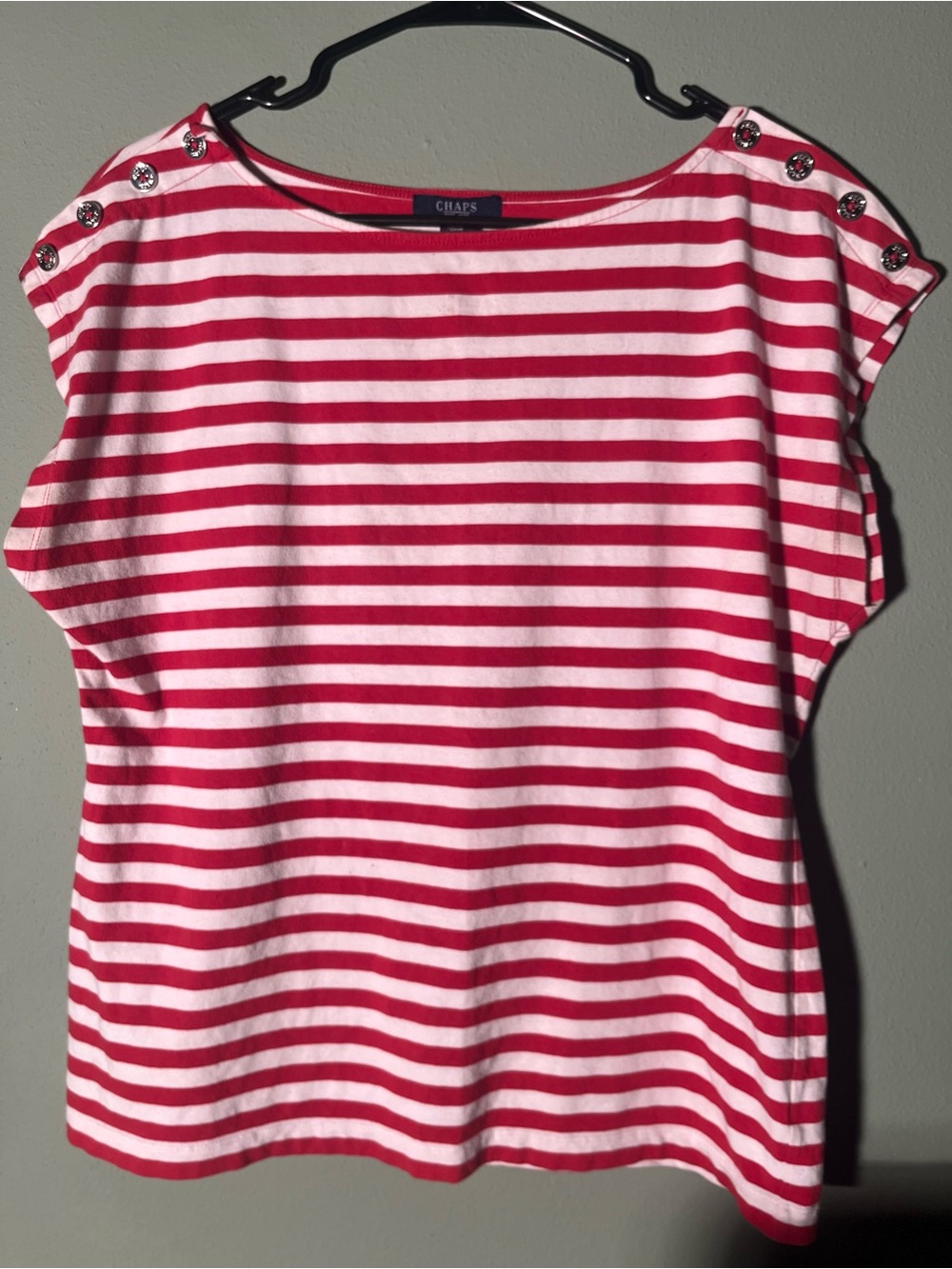 Chaps Red & White Striped Short-Sleeve Button-Shoulder Top